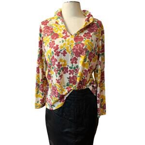 Vintage 70s Vera Brand Burgundy Mustard Floral Popover Knit Top, L